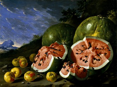 Luis Melendez, Still Life with Watermelons and Apples, Museo del Prado, Madird. Free illustration for personal and commercial use.