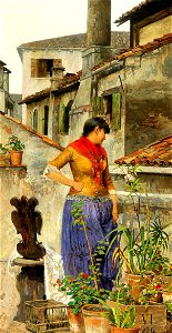 Luigi Pastega - Venice, a young Venetian woman on a roof terrace