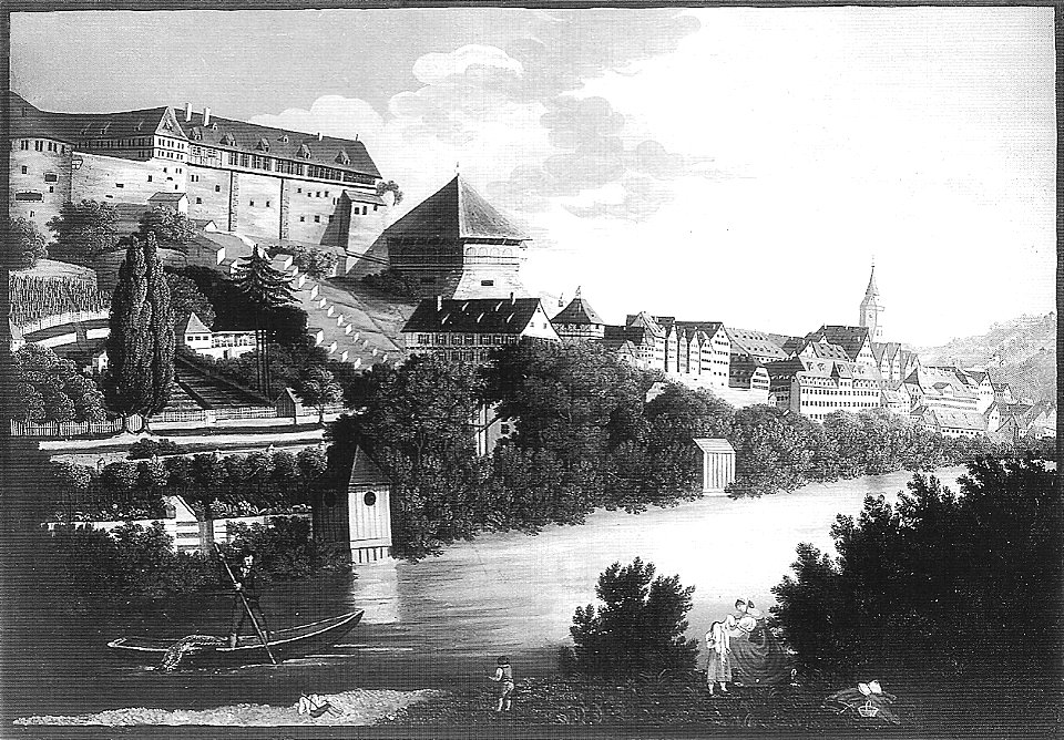 Luise Uhland - Tübingen vom rechten Ufer unterhalb des Hirschauer Stegs, Gouache ca.1816 (SW058)