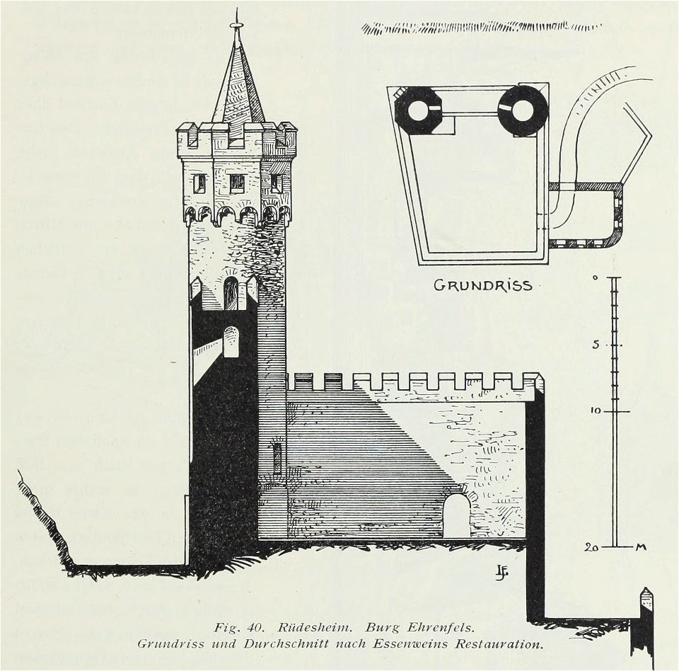 Luthmer I-040-Rüdesheim Burg Ehrenfels Grundriss und Durchschnitt nach Essenweins Restauration