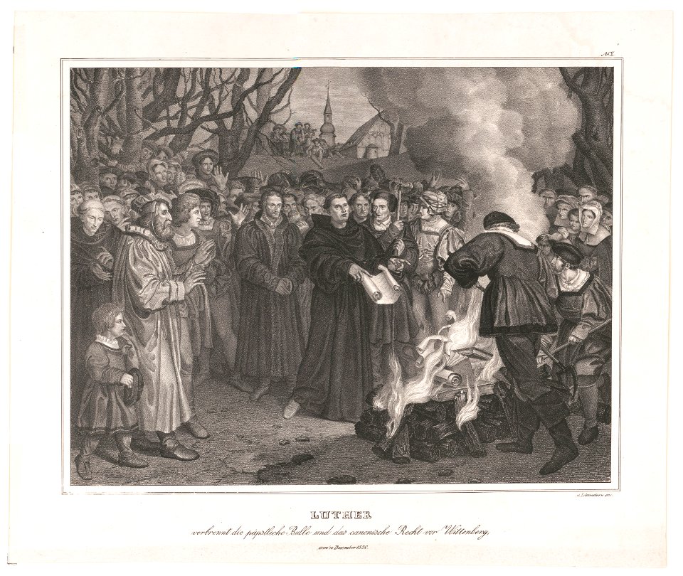 Luther verbrennt die päpstliche Bulle und das canonishe Recht vor Witteneberg, am 10 December 1520 - v. Löwenstern exc. LCCN2003671437