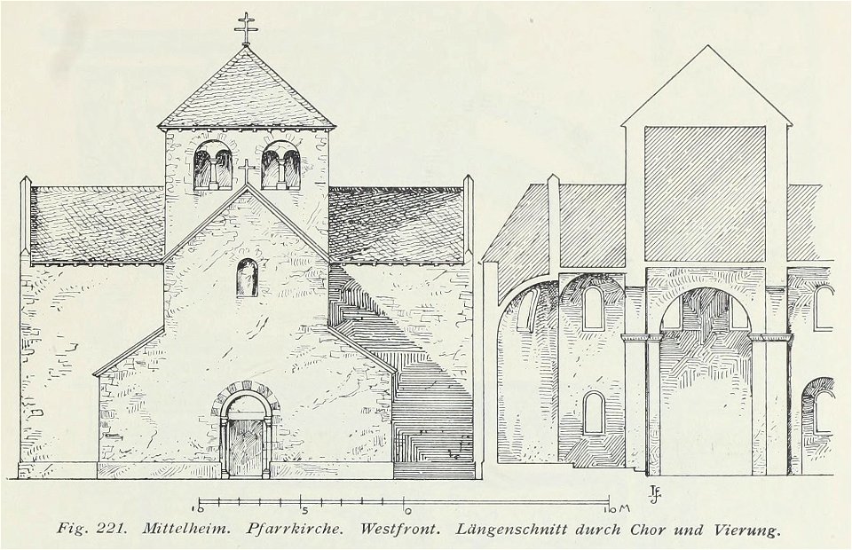 Luthmer I-221-Mittelheim Pfarrkirche Westfront Längsschitt durch Chor und Vierung