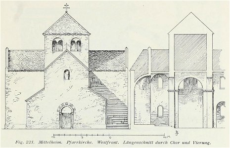 Luthmer I-221-Mittelheim Pfarrkirche Westfront Längsschitt durch Chor und Vierung