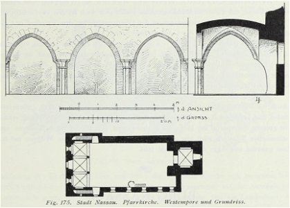 Luthmer III-175-Stadt Nassau Pfarrkirche Westempore und Grundriss