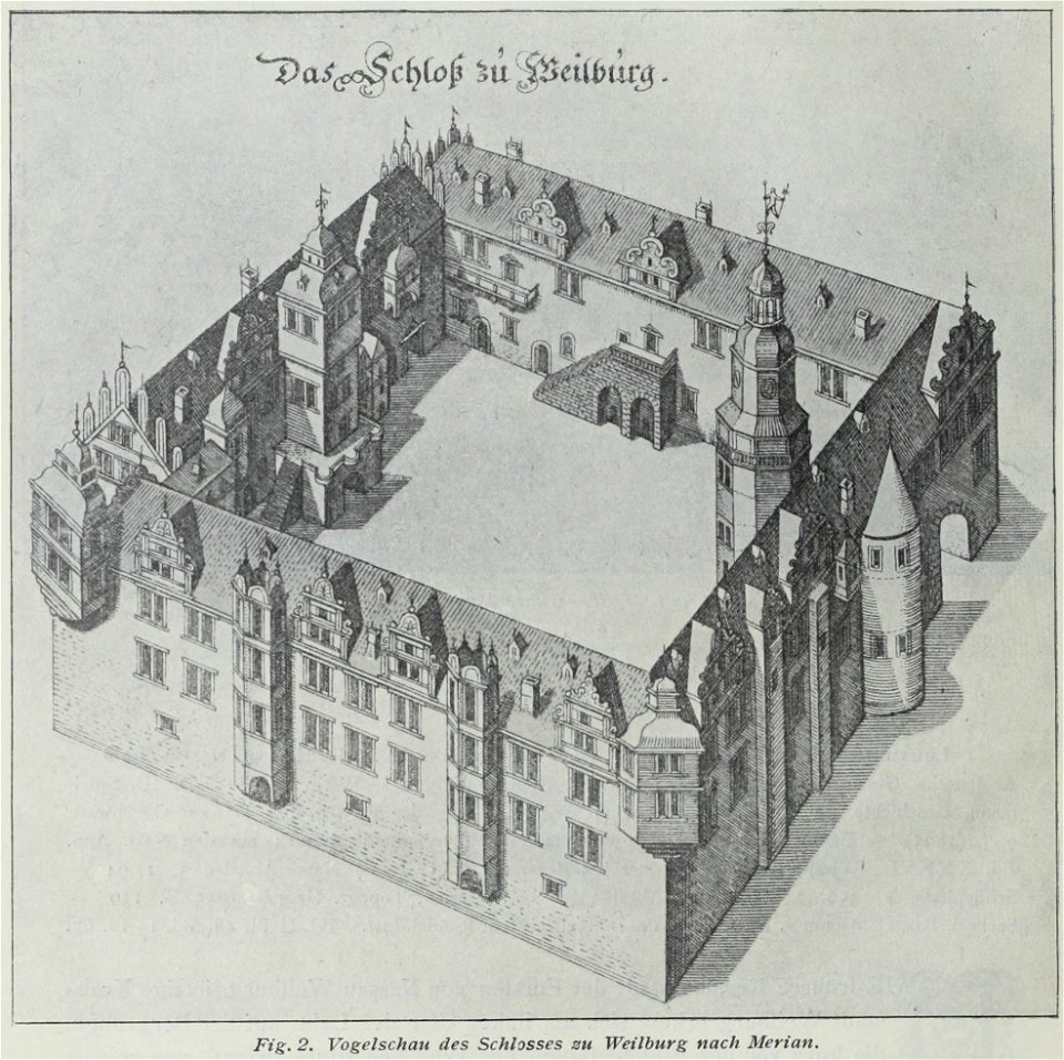 Luthmer III-002-Vogelschau des Schlosses zu Weilburg nach Merian