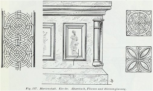 Luthmer IV-137-Marienstatt Kirche Altartisch Fliesen und Bleiverglasung