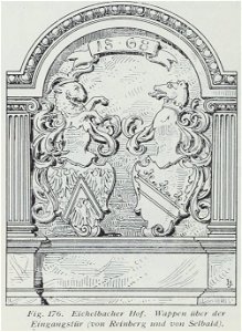 Luthmer II-176-Eichelbacher Hof Wappen über der Eingangstür (von Rheinberg und von Selbald)