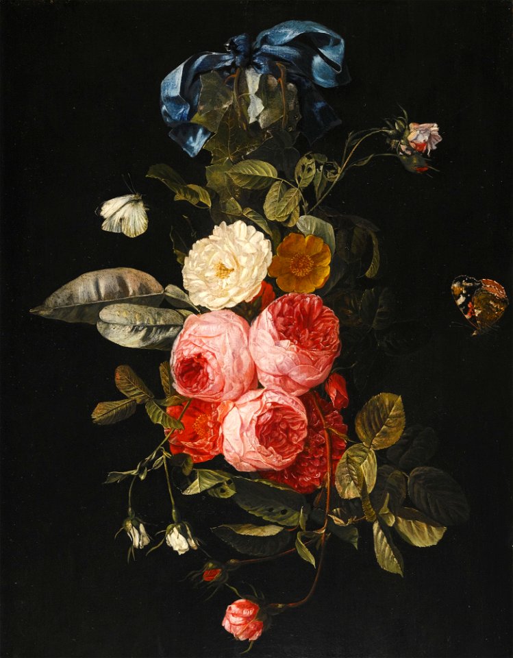Carstian Luyckx - Still life of pink, yellow and white roses hanging from a blue ribbon with a red admiral and a cabbage white