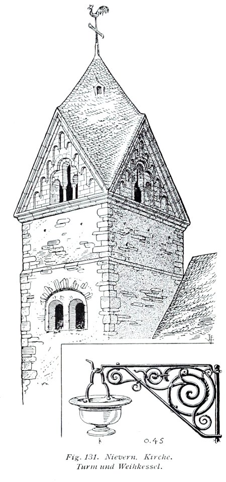 Luthmer V - 131 - Nievern Kirche Turm und Weihwasserkessel