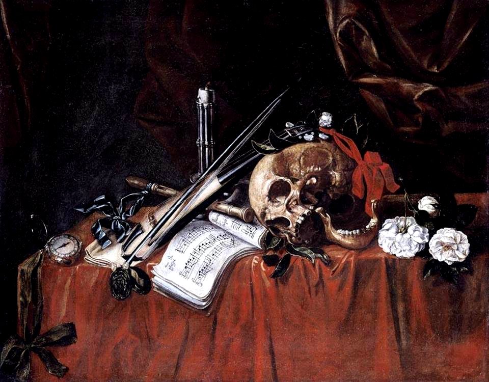 Carstian Luyckx - Vanitas Still life with skull, musical instruments, flowers and watch