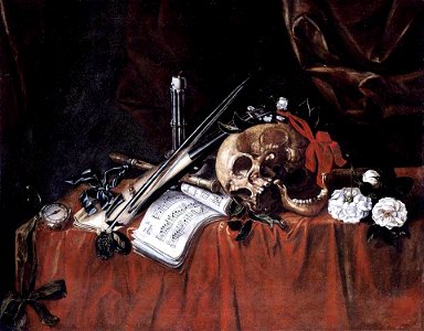 Carstian Luyckx - Vanitas Still life with skull, musical instruments, flowers and watch