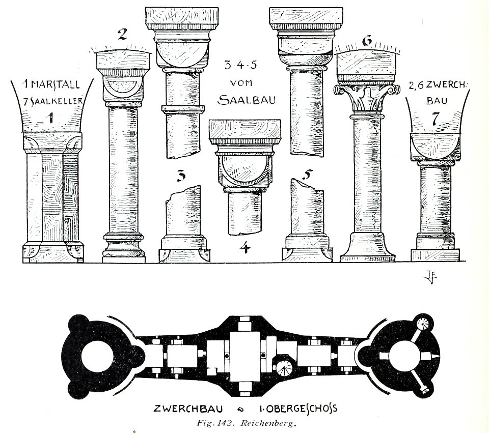 Luthmer V - 142 - Reichenberg Säulen und Grundriss Zwerchbau Obergeschoss