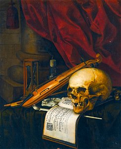 Carstian Luyckx - Vanitas still life with a skull, a violin, a musical score, a pipe and tobacco, an hourglass and a candle on a draped table