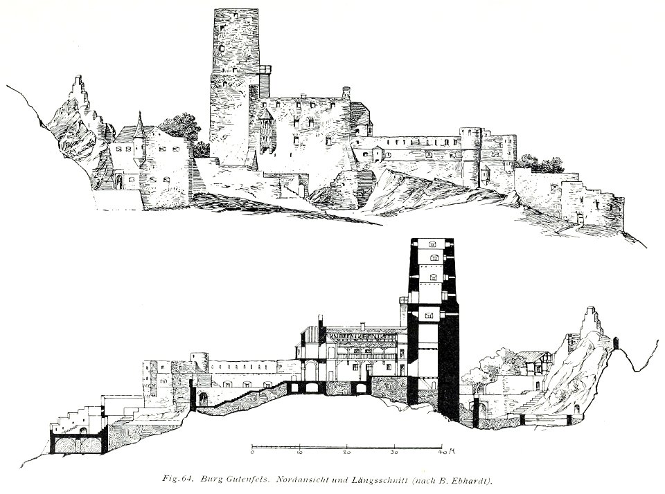 Luthmer V - 64 - Burg Gutenfels Nordansicht und Längsschnitt