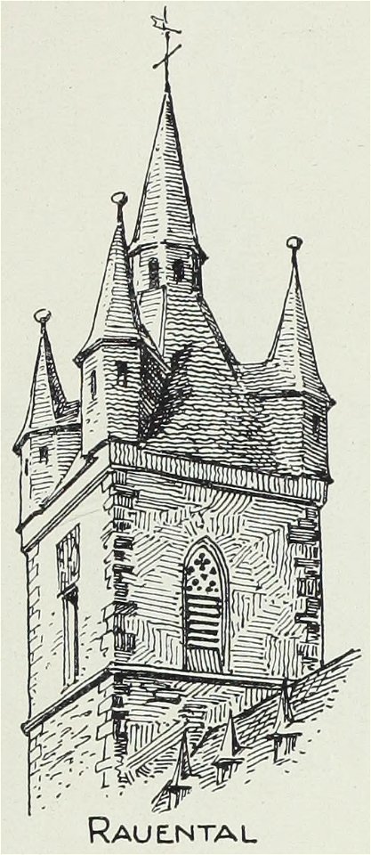 Luthmer VI-161b-Turmstudien 3 gotische Türme mit schlanker Pyramide und Wichhäusern-Rauenthal