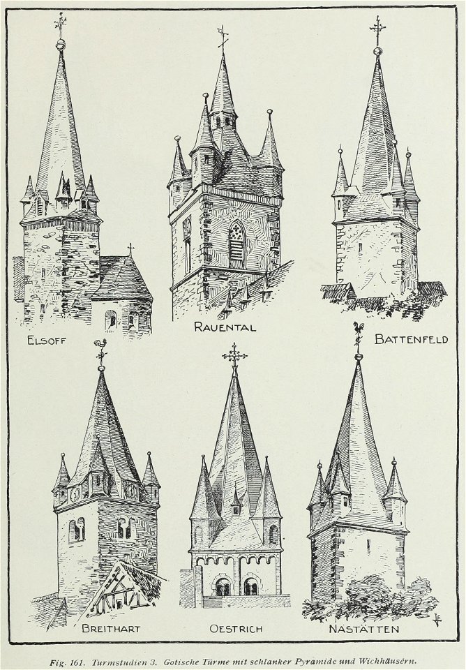 Luthmer VI-161-Turmstudien 3 gotische Türme mit schlanker Pyramide und Wichhäusern