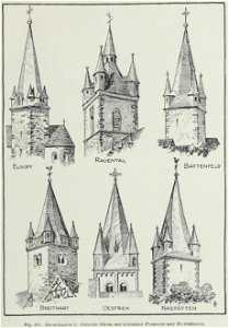 Luthmer VI-161-Turmstudien 3 gotische Türme mit schlanker Pyramide und Wichhäusern