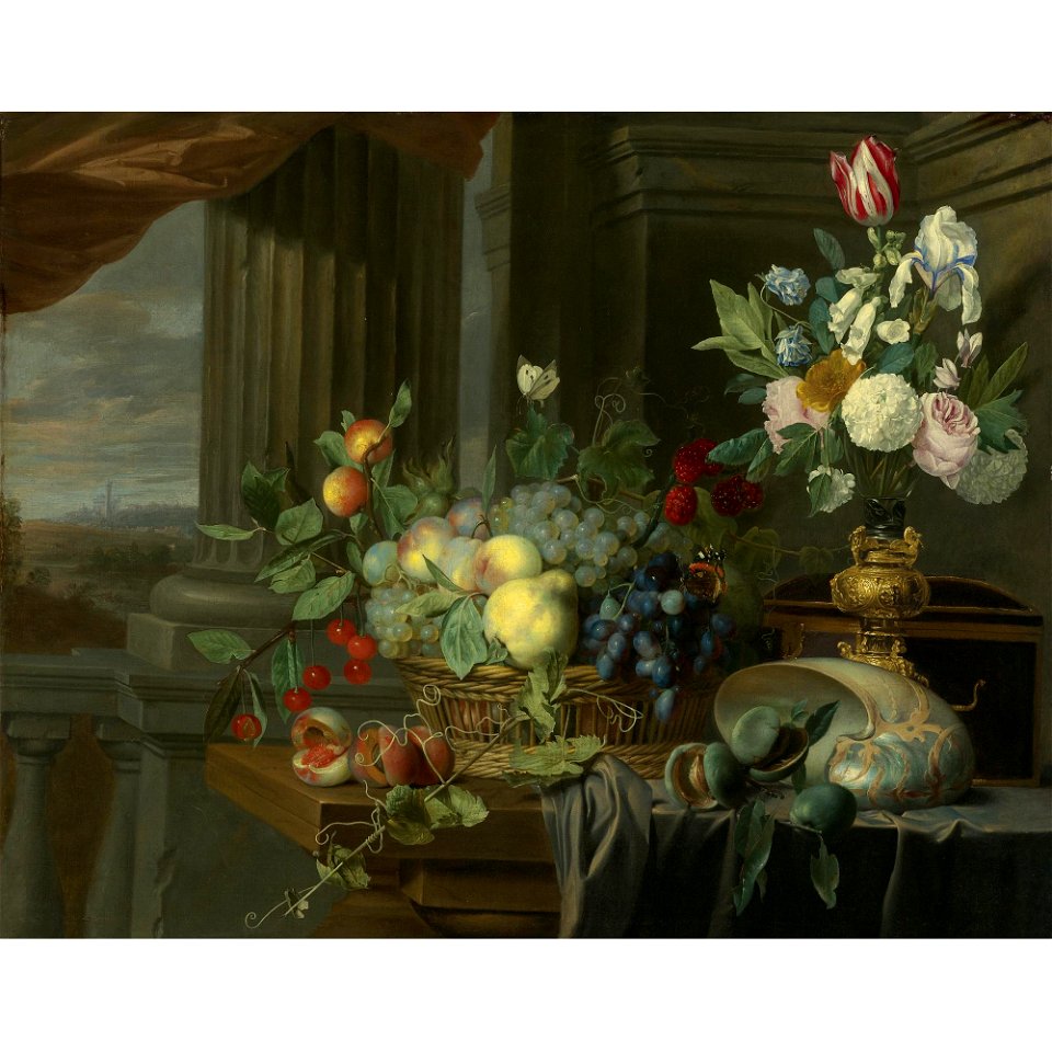 Carstian Luyckx - Still Life Of A Basket Of Fruit, Flowers In A Gilt Vase, A Nautilus Shell And Other Objects On A Draped Table Near An Open Window