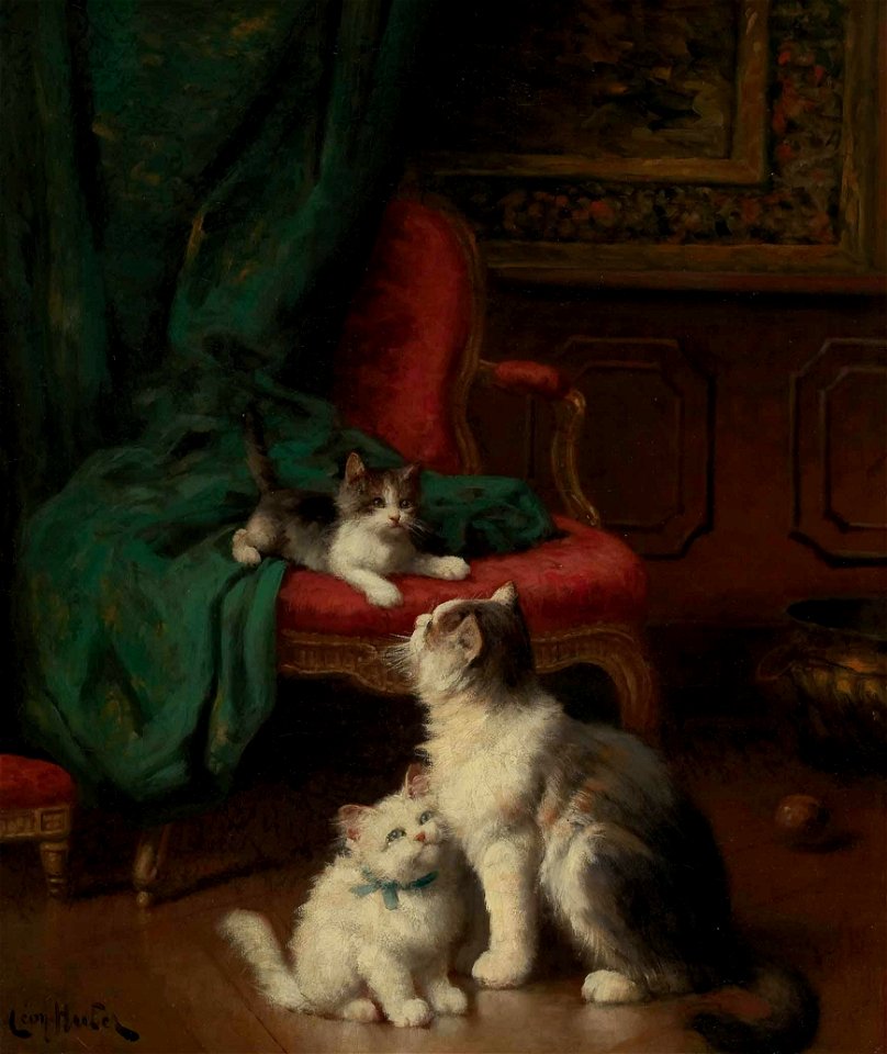 Léon Charles Huber Katzenmutter mit zwei Jungen im Salon
