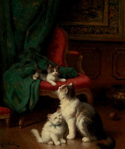 Léon Charles Huber Katzenmutter mit zwei Jungen im Salon