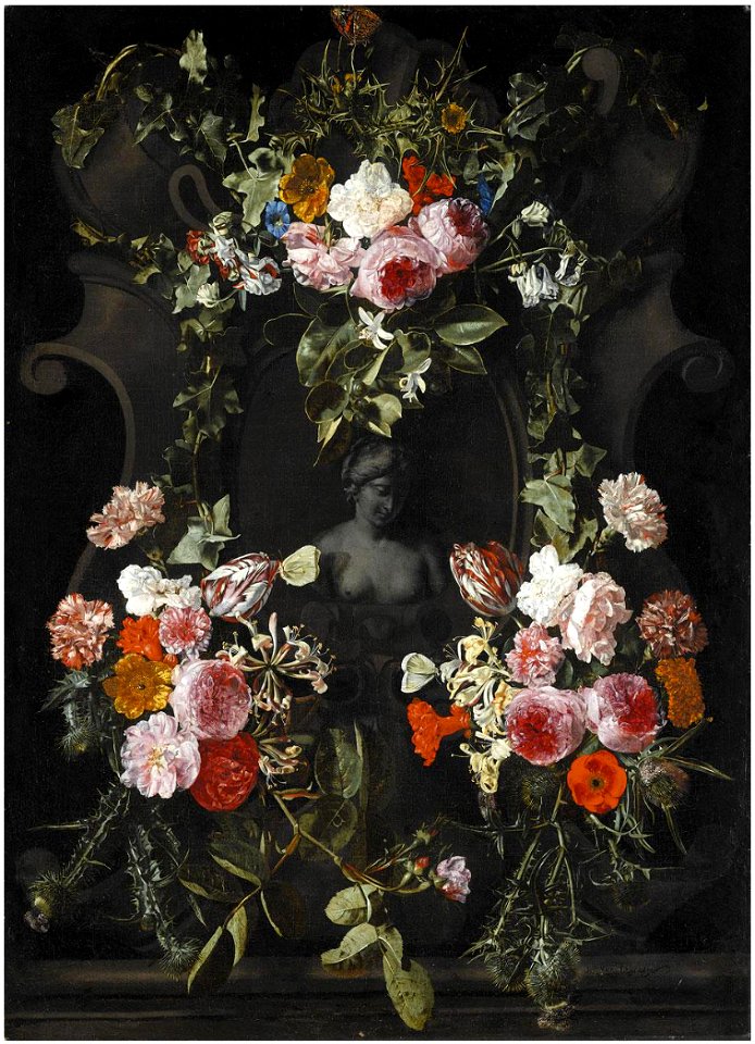 Carstian Luyckx - A female stone bust set in a stone cartouche, surrounded by a garland of flowers including roses, parrot