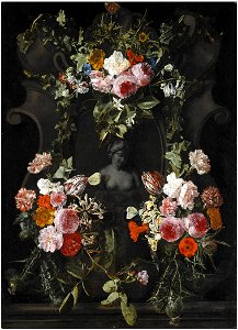 Carstian Luyckx - A female stone bust set in a stone cartouche, surrounded by a garland of flowers including roses, parrot