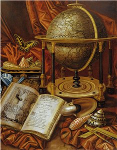 Carstian Luyckx - Still life with a globe, books, shells and corals resting on a stone ledge. Free illustration for personal and commercial use.