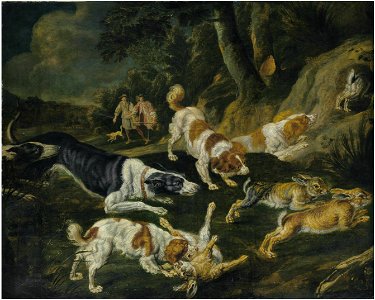 Carstian Luyckx - Hares brought down by hounds with two hunters in the distance