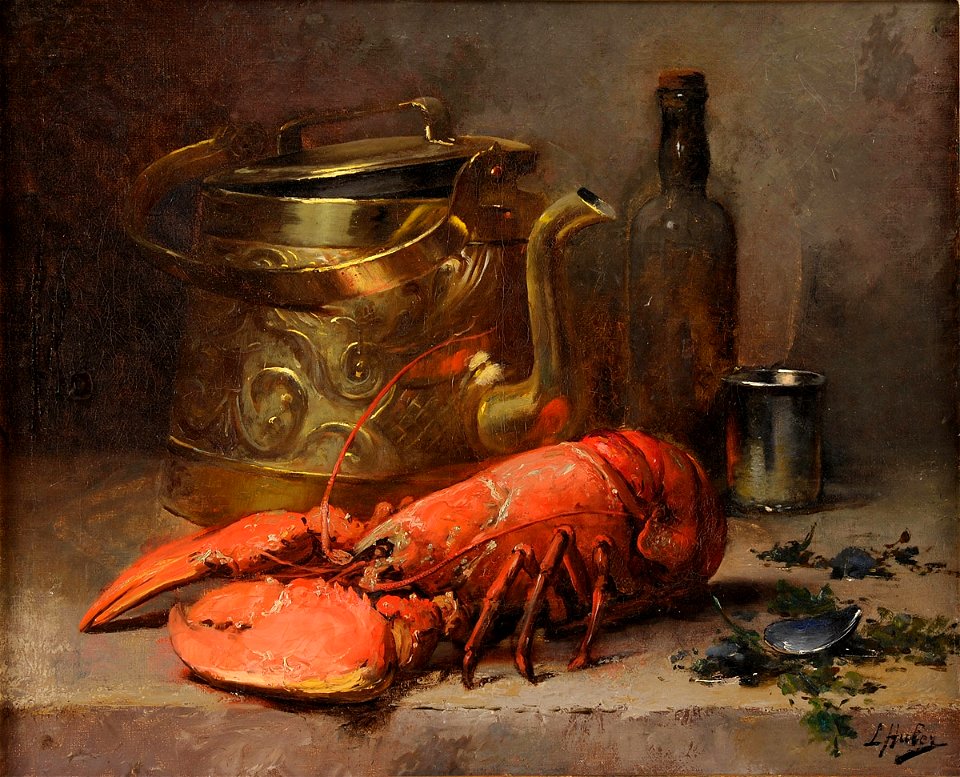 Léon Huber Stilleben mit Messingkessel und Hummer