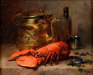 Léon Huber Stilleben mit Messingkessel und Hummer