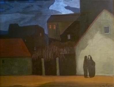 Léon Spilliaert 1922 - Figuren voor gevels bij avondlicht