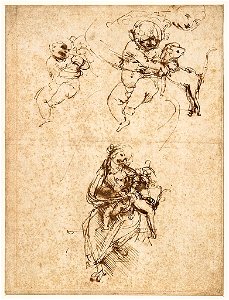 Léonard de Vinci, Étude pour une Vierge à l'Enfant jouant avec un chat (musée Bonnat-Helleu). Free illustration for personal and commercial use.