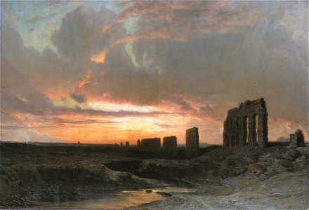 Léon Berthoud, Ruines dans la campagne romaine au crépuscule, 1858. Free illustration for personal and commercial use.