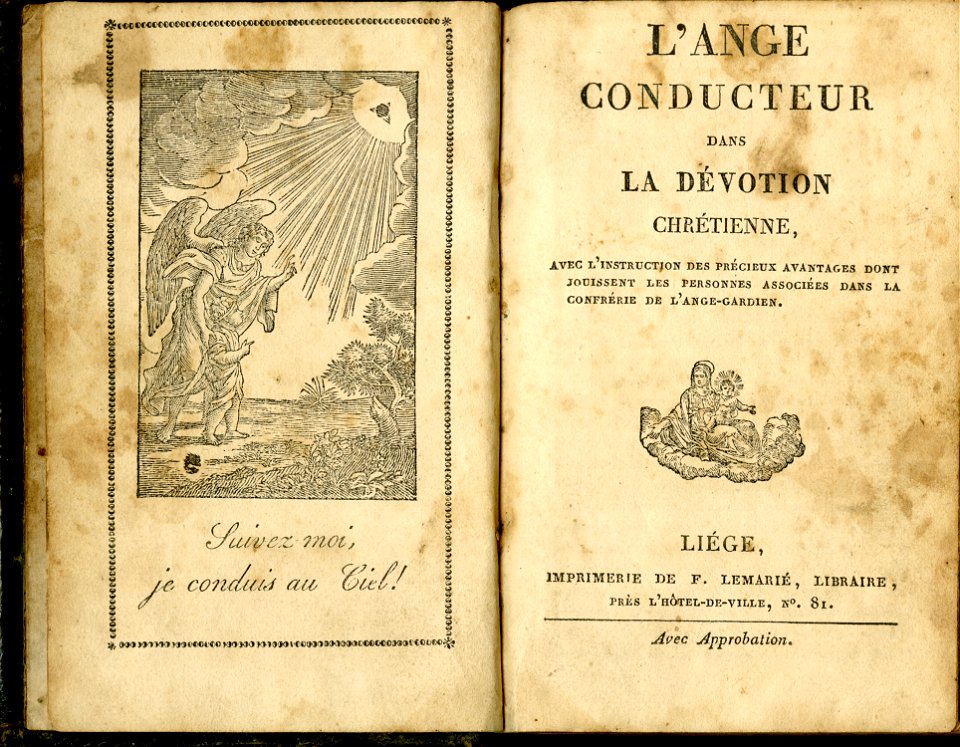 L’amge conducteur dans la dévotion chrétienne, avec l’instruction des précieux avantages dont jouissent les personnes associées dans la confrérie de l’ange-gardien title page Limburgs Museum L31741