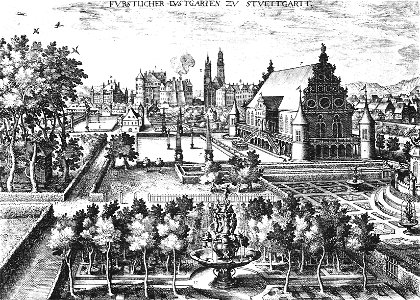 M Merian - Stuttgart, Lustgarten und neues Lusthaus 1616