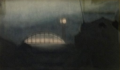 Léon Spilliaert 1907 - De verlichte overkapping en torenklok van het station
