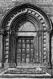 L’Aquila – Porta della chiesa di San Silvestro (xilografia)