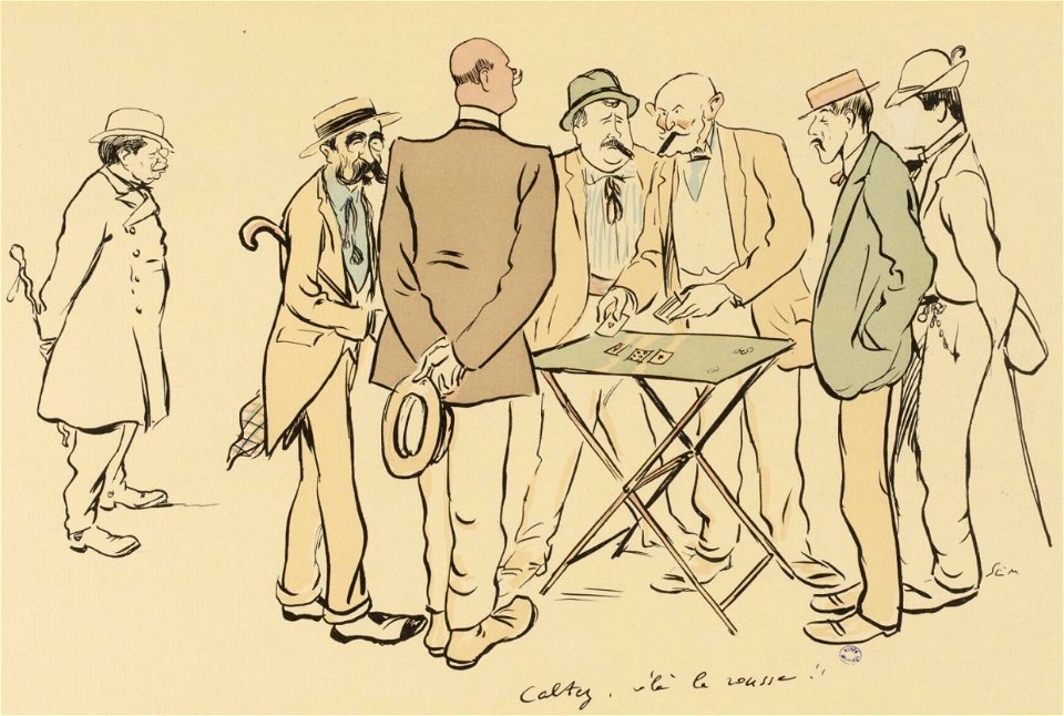 M. Landau, (tire les cartes) M. Darracq, James Hennessy,(à gauche) M. Poulet, le comte de Ganay (à droite), M. Aschwanden, s'approche du groupe (Le Grand Monde à l'Envers - Caltez, v'là la rousse!)