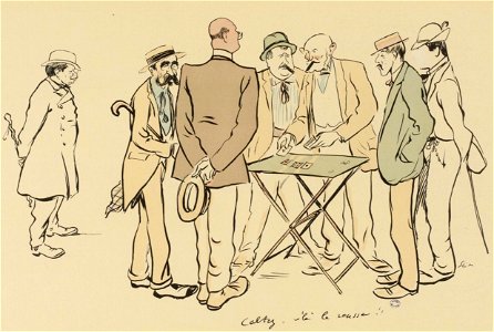 M. Landau, (tire les cartes) M. Darracq, James Hennessy,(à gauche) M. Poulet, le comte de Ganay (à droite), M. Aschwanden, s'approche du groupe (Le Grand Monde à l'Envers - Caltez, v'là la rousse!)