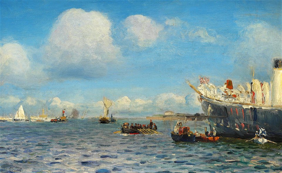 Holger Lübbers - Sommerdag på havet, i forgrunden et russisk orlogsskib