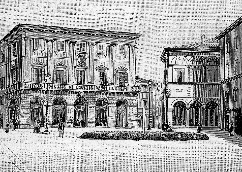 Macerata – Piazza Vittorio Emanuele e Palazzo del Municipio (xilografia)