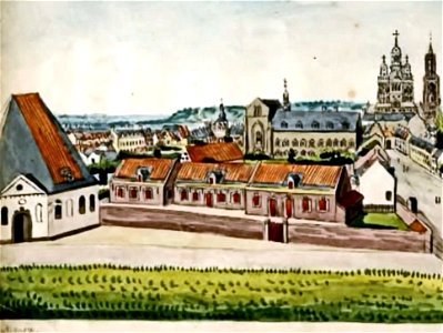 Maastricht, gezicht vanaf stadswal nabij St-Servaasbolwerk met Jekermanège, Jekerkazerne, Kruisherenklooster, St-Servaaskerk en klooster Calvariënberg (cropped)