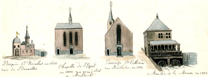 Maastricht, drie verdwenen kapellen en oude Maasmolen (Ph v Gulpen of Van der Noordaa)