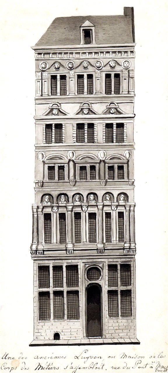 Maastricht, Brugstraat, Huis met de hoofden (Ph v Gulpen, ca 1840)