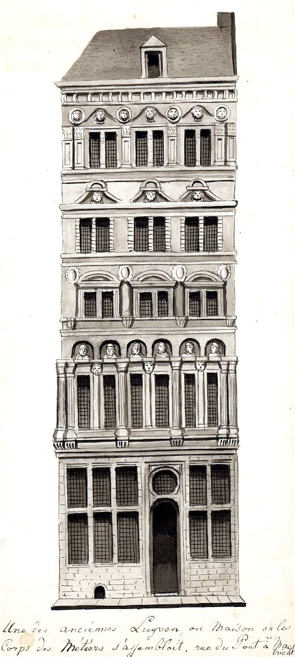 Maastricht, Brugstraat, Huis met de hoofden (Ph v Gulpen, ca 1840)