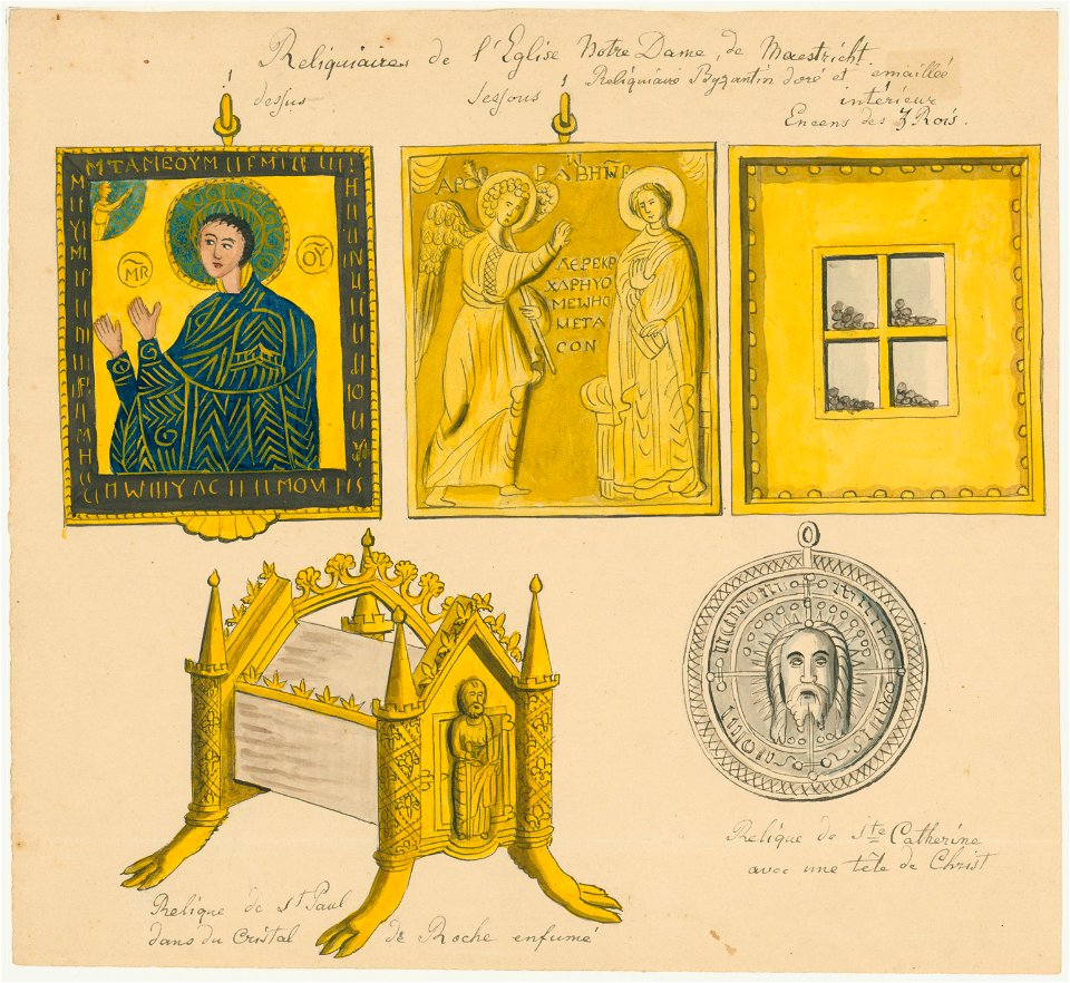 Maastricht, schatkamer OLV-kerk, enkolpion & reliekhouders (Ph v Gulpen, ca 1840)