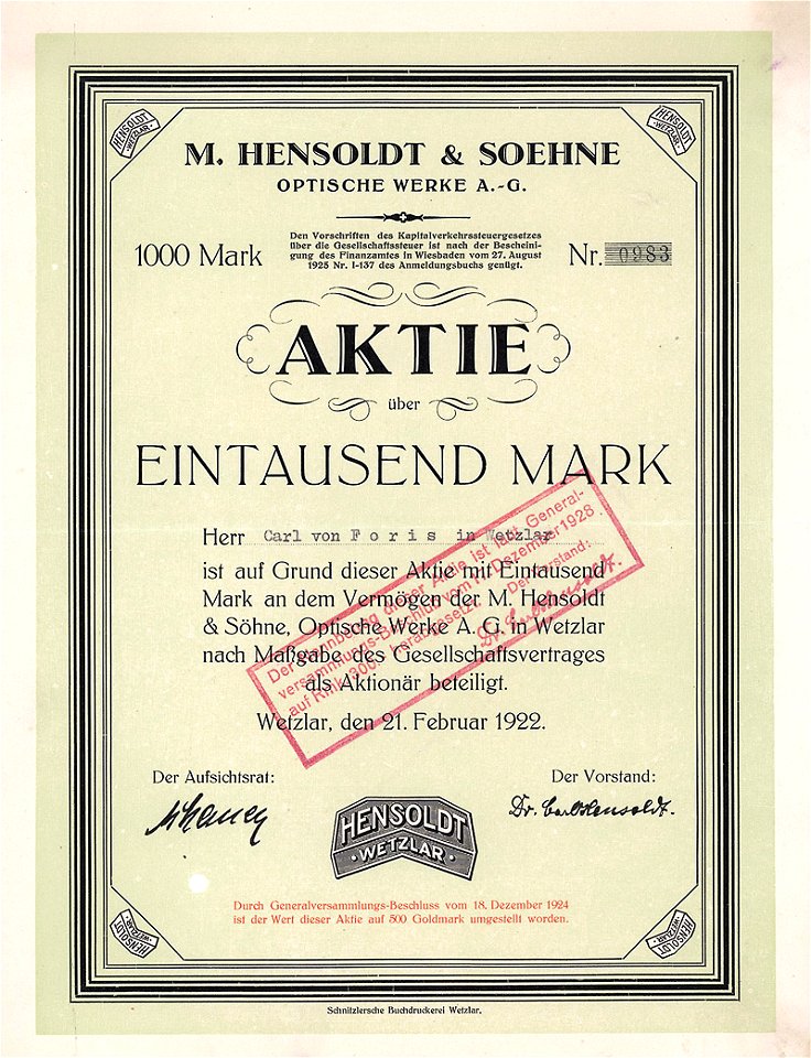 M. Hensoldt & Söhne Optische Werke AG 1000 Mk 1922