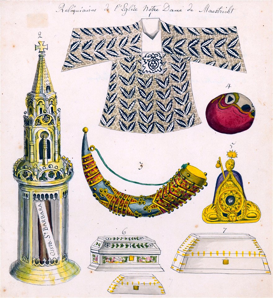 Maastricht, schatkamer OLV-kerk, kleed v Lambertus & reliekhouders (Ph v Gulpen, ca 1840-50)