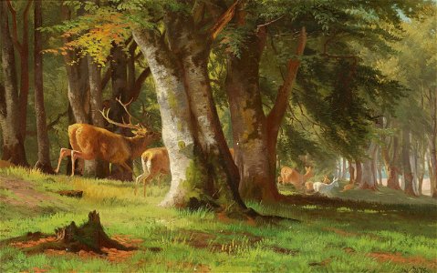 Adolf Mackeprang - En kronhjort med sin rudel i løb gennem skoven - 1878