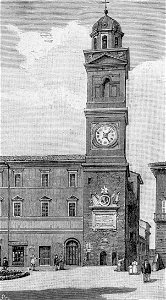 Macerata – Torre Maggiore e Teatro Lauro Rossi (xilografia)